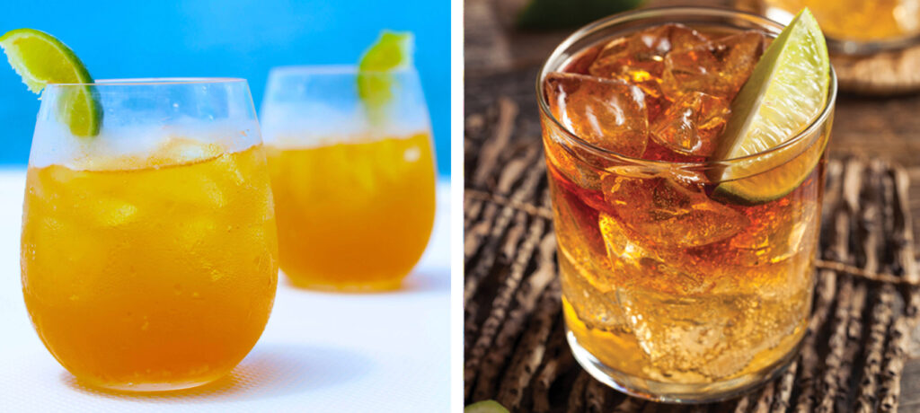 Side-by-side image: Left, two orange cocktails with ice and lime wedges; right, a single brown cocktail, highlighting island flavors found at the Best Places To Eat In Bermuda, served in a clear glass on a rustic surface.