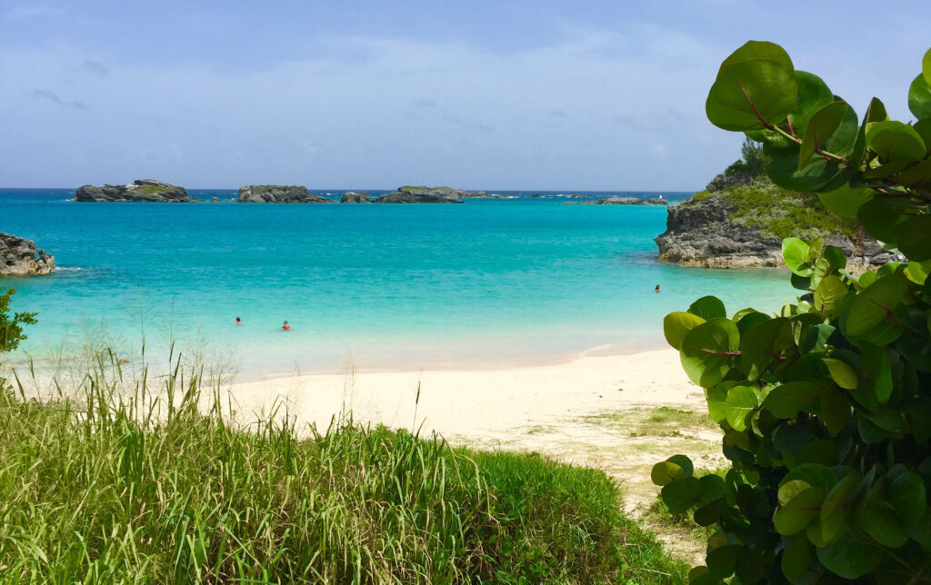 A tropical beach with turquoise water and white sand, bordered by green vegetation, resembles the beauty of Bermuda Beaches. A few people swim in the water, and rocky islets are visible in the distance under a clear blue sky.