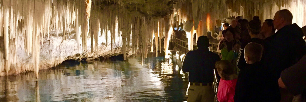 A group of people walk along a narrow path inside one of the Natural Wonders of Bermuda, a cave filled with hanging stalactites, with water reflecting the formations and soft lighting illuminating the scene.