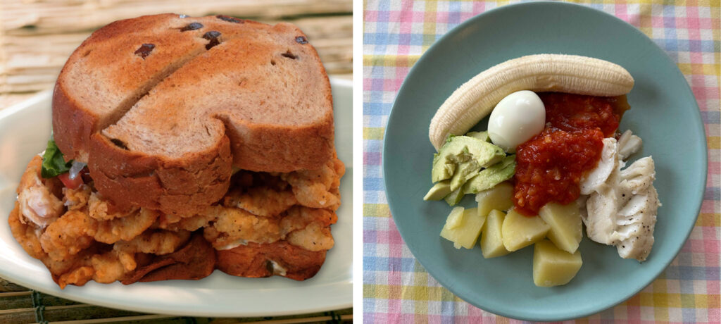 Left: A close-up of a fried chicken sandwich on toasted bread. Right: A plate with a boiled banana, hard-boiled egg, avocado, tomato sauce, white fish, and boiled potatoes—dishes you might find at the Best Places To Eat In Bermuda.