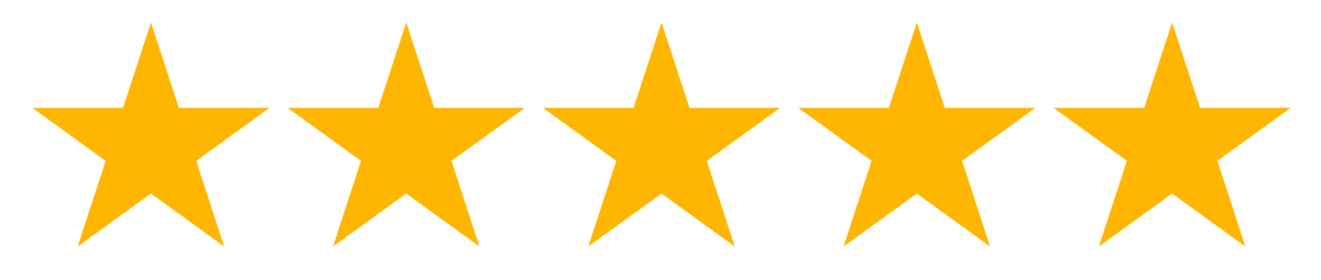 Five large yellow stars in a row on a black background, bordered by a thick yellow rectangle, representing a five-star rating.