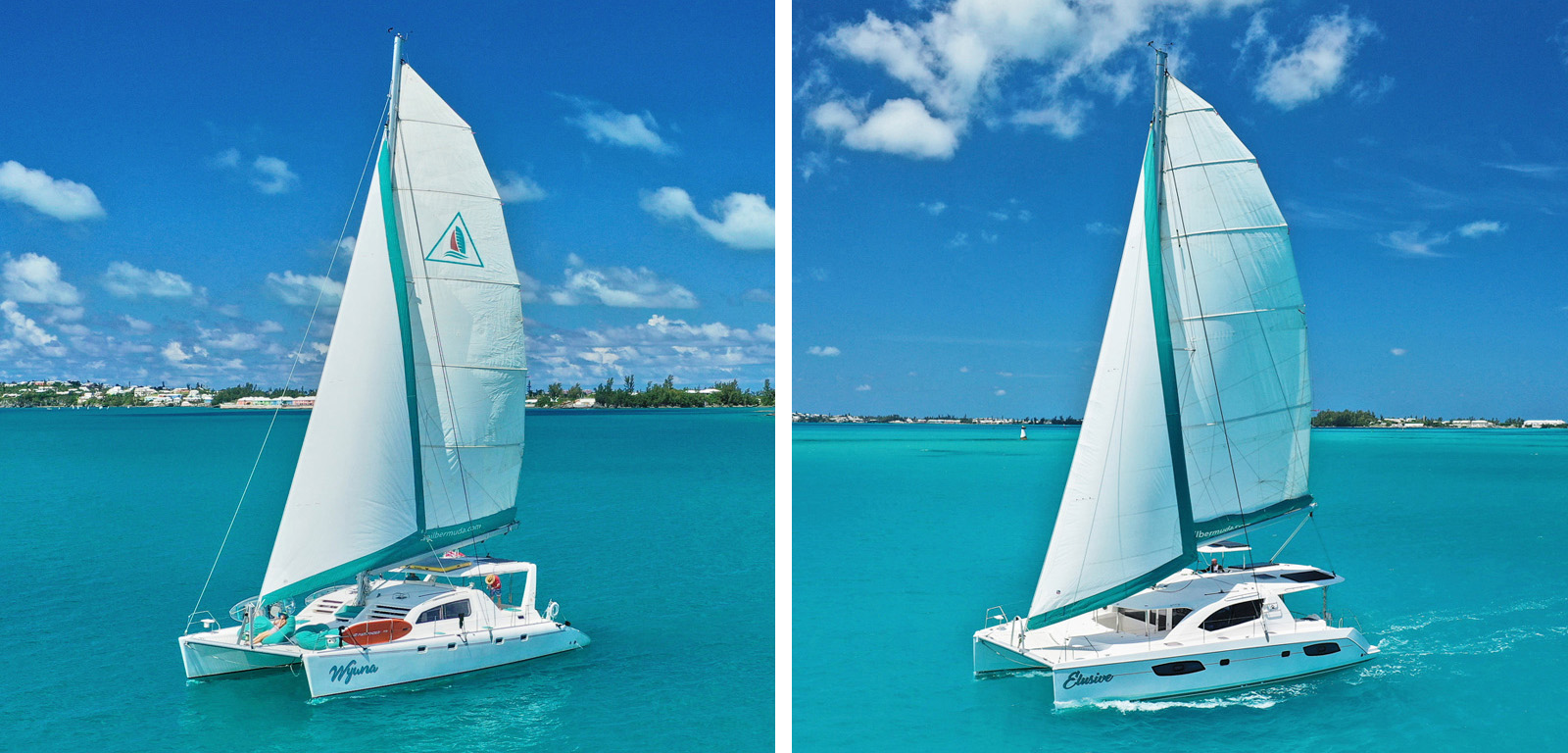Two white Bermuda catamarans with sails up glide on bright turquoise water under a blue sky with some clouds. A distant shoreline and lush greenery are visible in the background of both images.
