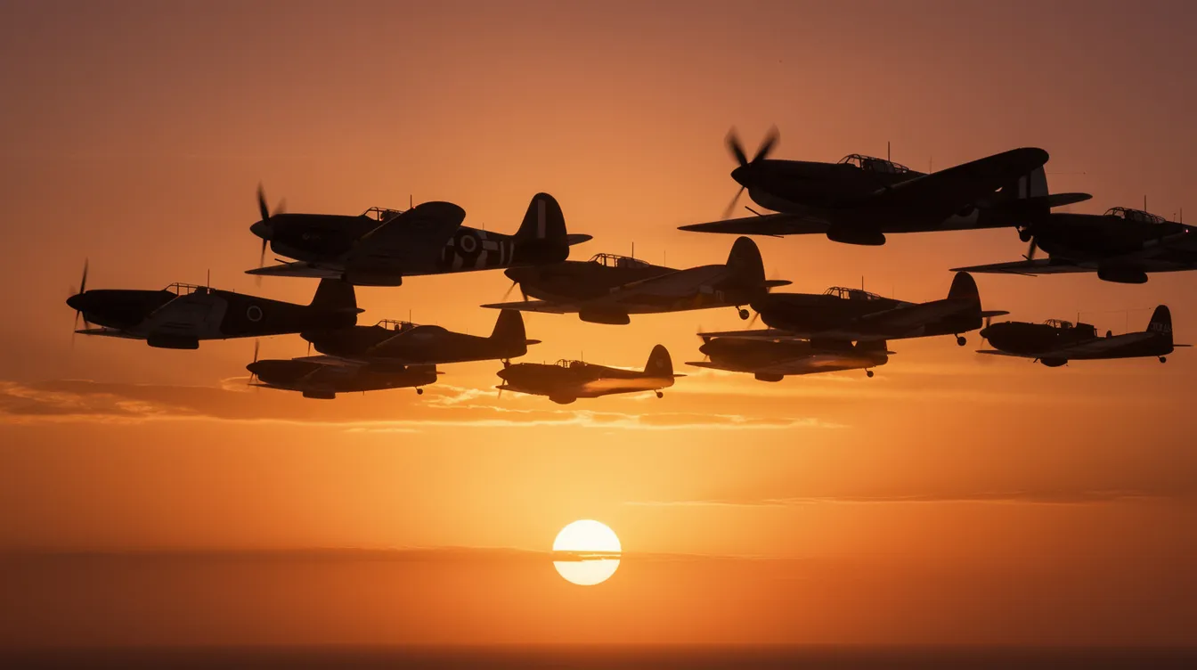 The image depicts silhouettes of vintage military aircraft flying in a precise formation against a vibrant orange sunset sky, evoking a sense of nostalgia and adventure reminiscent of naval history. This scene could symbolize the mysterious disappearances of ships and planes that have occurred in the Bermuda Triangle region, a now familiar triangular area in the North Atlantic Ocean.