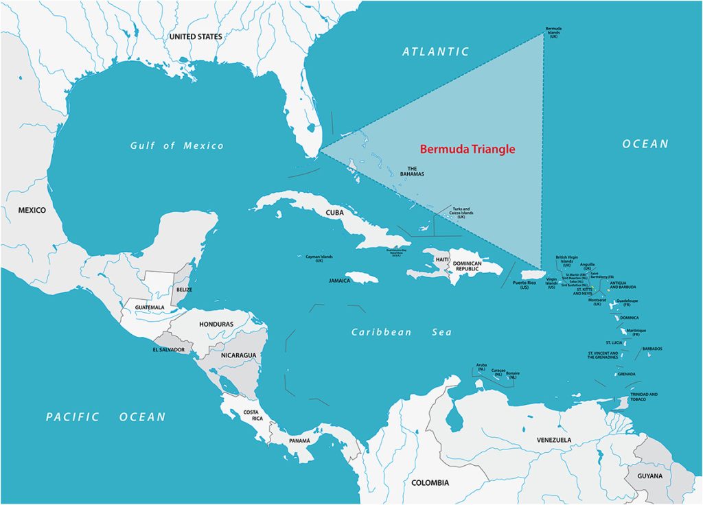 Map showing the Bermuda Triangle area in the Atlantic Ocean, marked by a shaded triangle between Miami, Bermuda, and Puerto Rico, with surrounding countries and seas labeled.