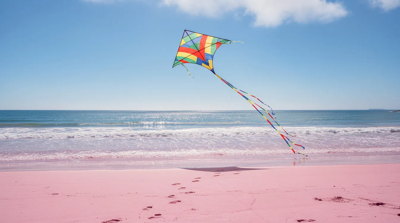 A vibrant kite soars above a stunning pink sand beach, set against a clear blue sky, embodying the warm and inviting weather in Bermuda. This picturesque scene captures the essence of a perfect day at the beach, ideal for visitors looking to enjoy the turquoise waters and sunshine during their trip.
